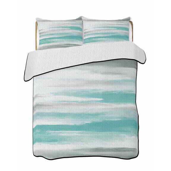 Quilts King Size Bedding Set, Turquoise Gray White Lightweight Quilted Comforter, Country Abstract Ombre Mottled Soft Reversible Bedspread Coverlet with Pillow Covers for All Season, 96" x 106"
