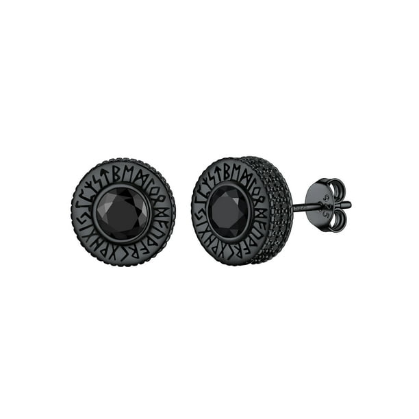 Pendientes de botón Redondos PROSTEEL con Circonia cúbica negra brillante de plata esterlina para hombres y niños