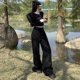 thumbnail image 2 of Pantalones deportivos informales sueltos de otoño e invierno, pantalones de pierna ancha versátiles informales negros de algodón y lino para mujer, 2 of 4