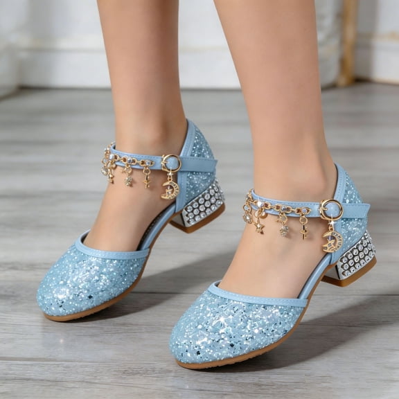 Gyujnb Girls Glitter Star Moon Charm Heeled Dress Shoes Adjustable Buckle Non- Princess Party Shoes,7-8 Years