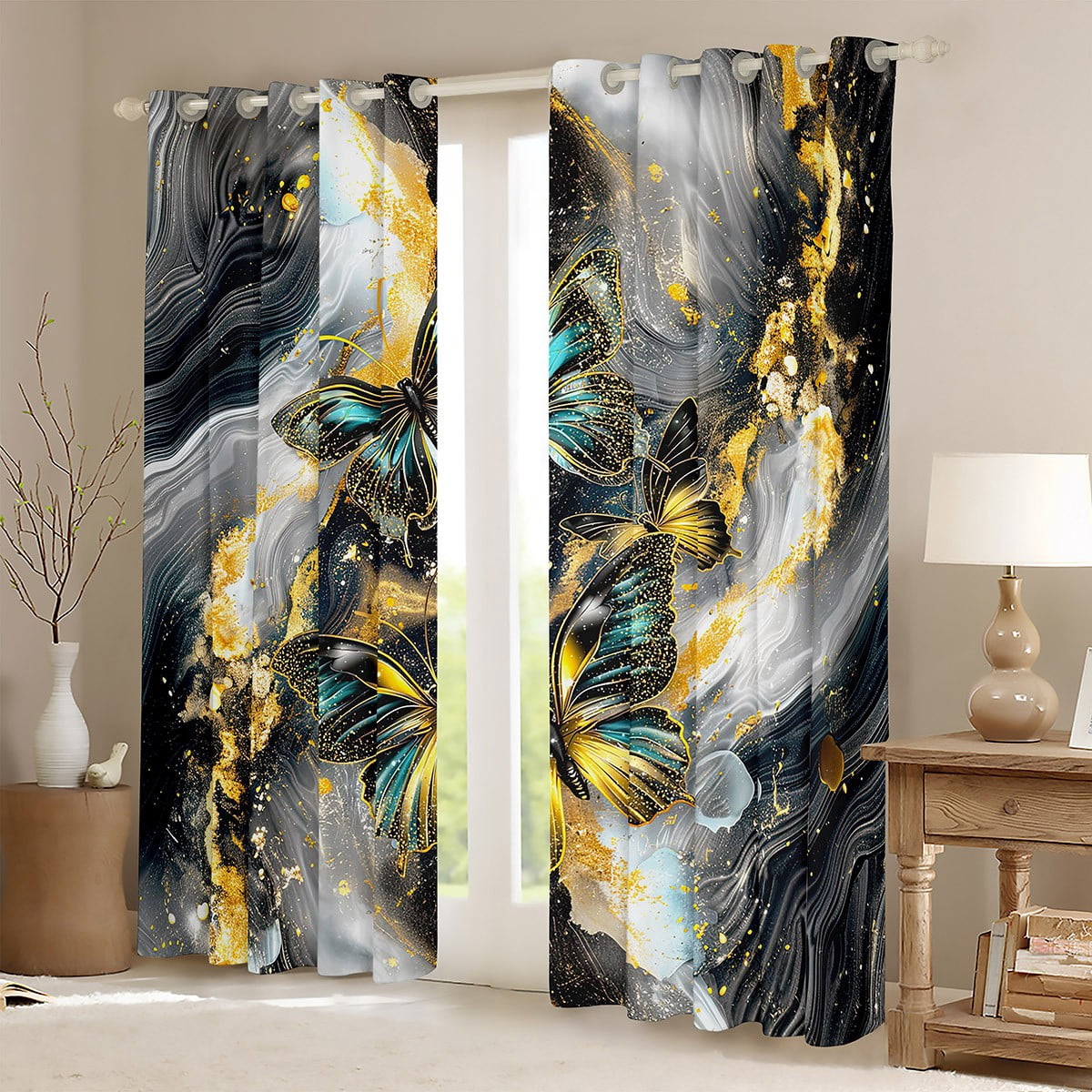 Black Marble 30%-50% Blackout Curtains Teal Butterfly Curtains & Drapes 2 Panels 38"Wx54"L,Gold Marbling Curtains Abstract Ombre Ink Fluid Art Window Curtains