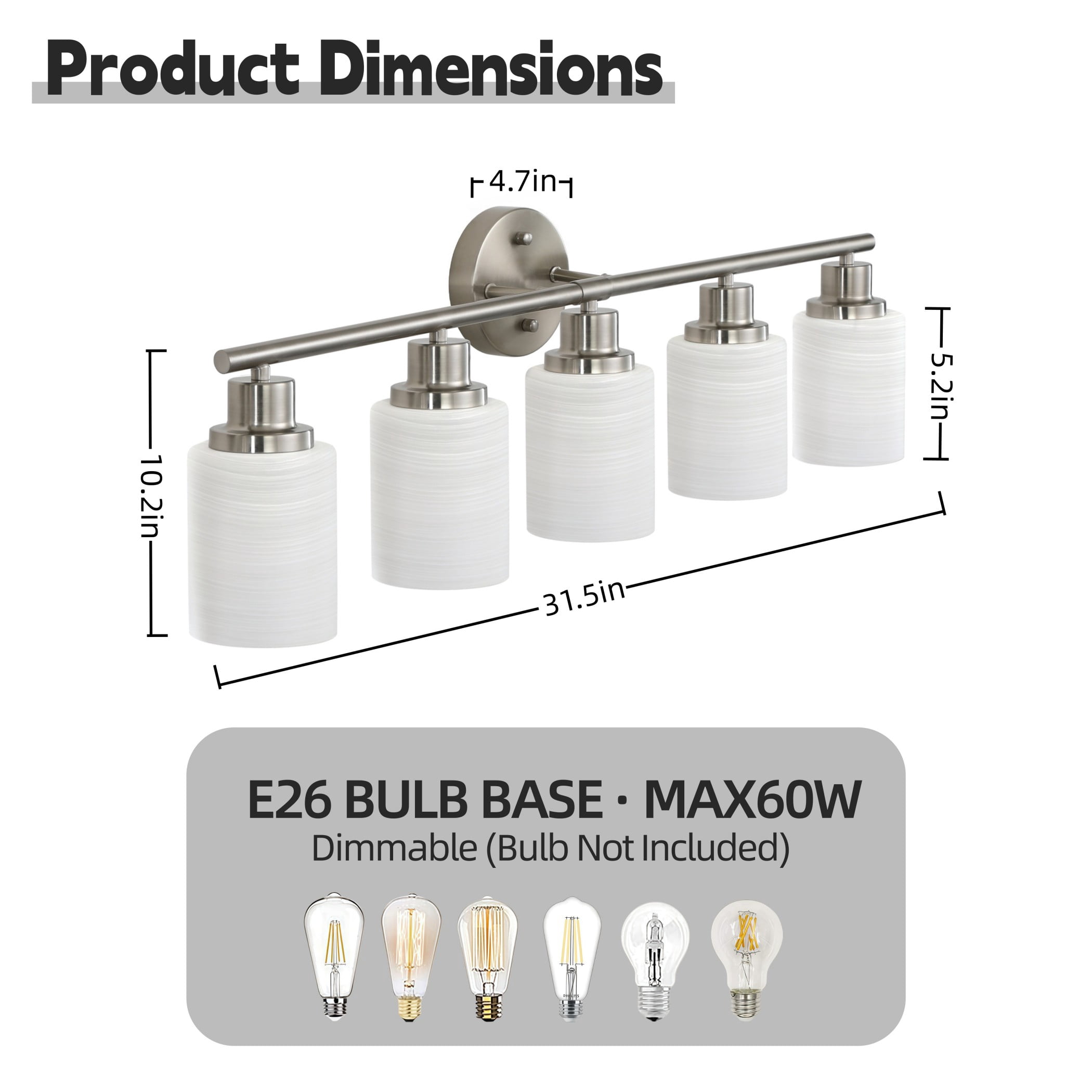 31" Brushed Nickel 5-Light Vanity Light Fixture with Frosted Glass Shades – Modern Wall Mount Bathroom Lighting for Over Mirror, Hallway, Powder Room, or Dressing Area (Bulbs Not Included)