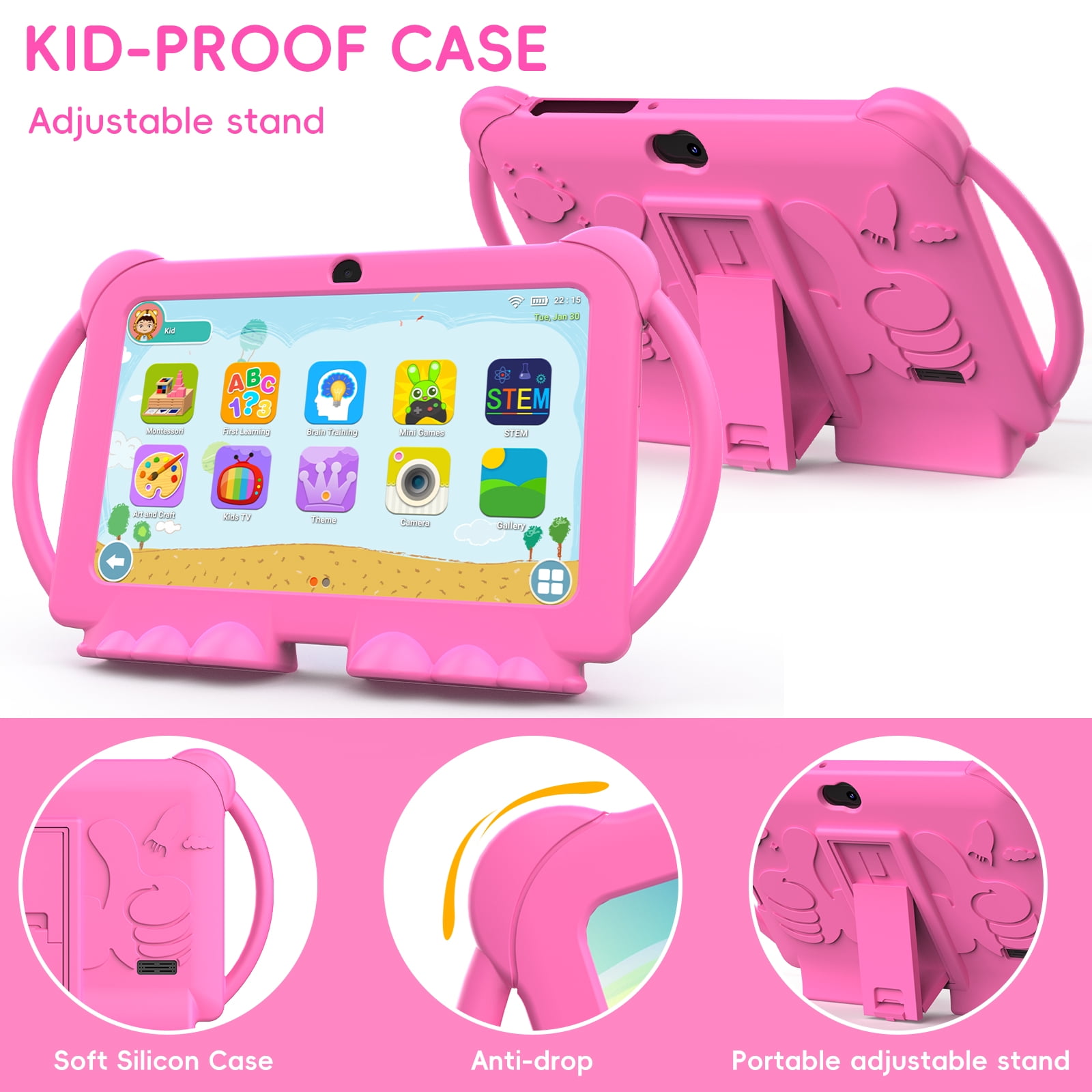 2024 Kids Tablet, 7 inch Android 12 Tablet for Kids, 4GB+32GB ROM+1TB Expand Pink