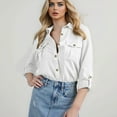 thumbnail image 2 of MIXUE Women Blouses Denim Solid Color Lapel Collar Long Sleeve Casual Womens Summer Tops Outwear,White,S, 2 of 5