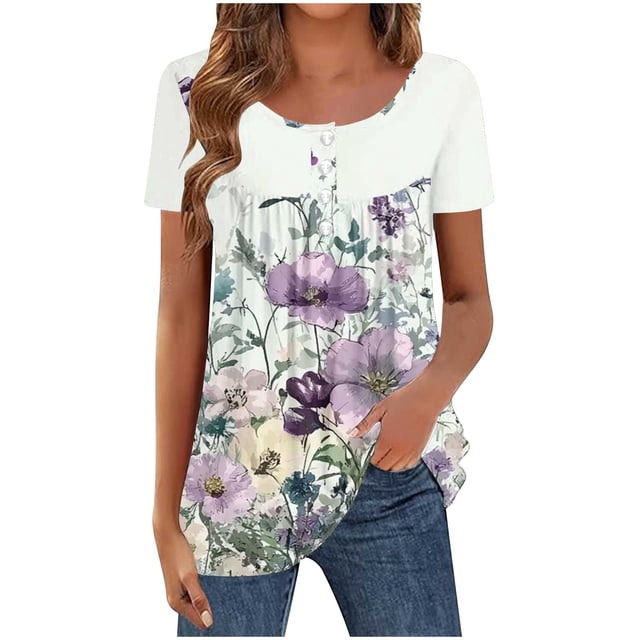 XMMSWDLA T-Shirt en Dentelle à Manches Courtes Col Rond Blouse Décontractée Tuniques Tops Violet Printemps pour Femmes 2024