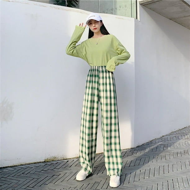 Wide Leg Trousers, Women Plaid Pants Loose For Daily Wear For Girl For  Travel Light Blue Grid,Yellow Grid,Green Grid,Black White Grid 