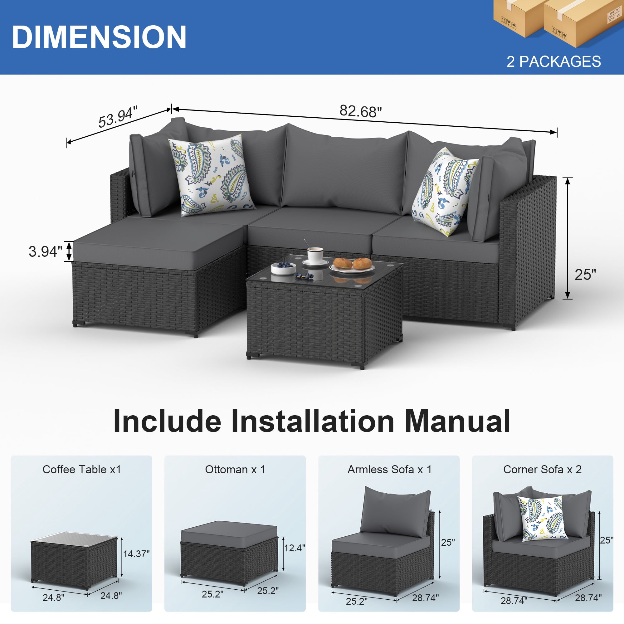 Phonjoroo 5PCS Patio Furniture Sets All Weather Outdoor Sectional Sofa Manual Weaving Wicker Rattan Outdoor Conversation Set with With Cushion And Glass Table, Gray