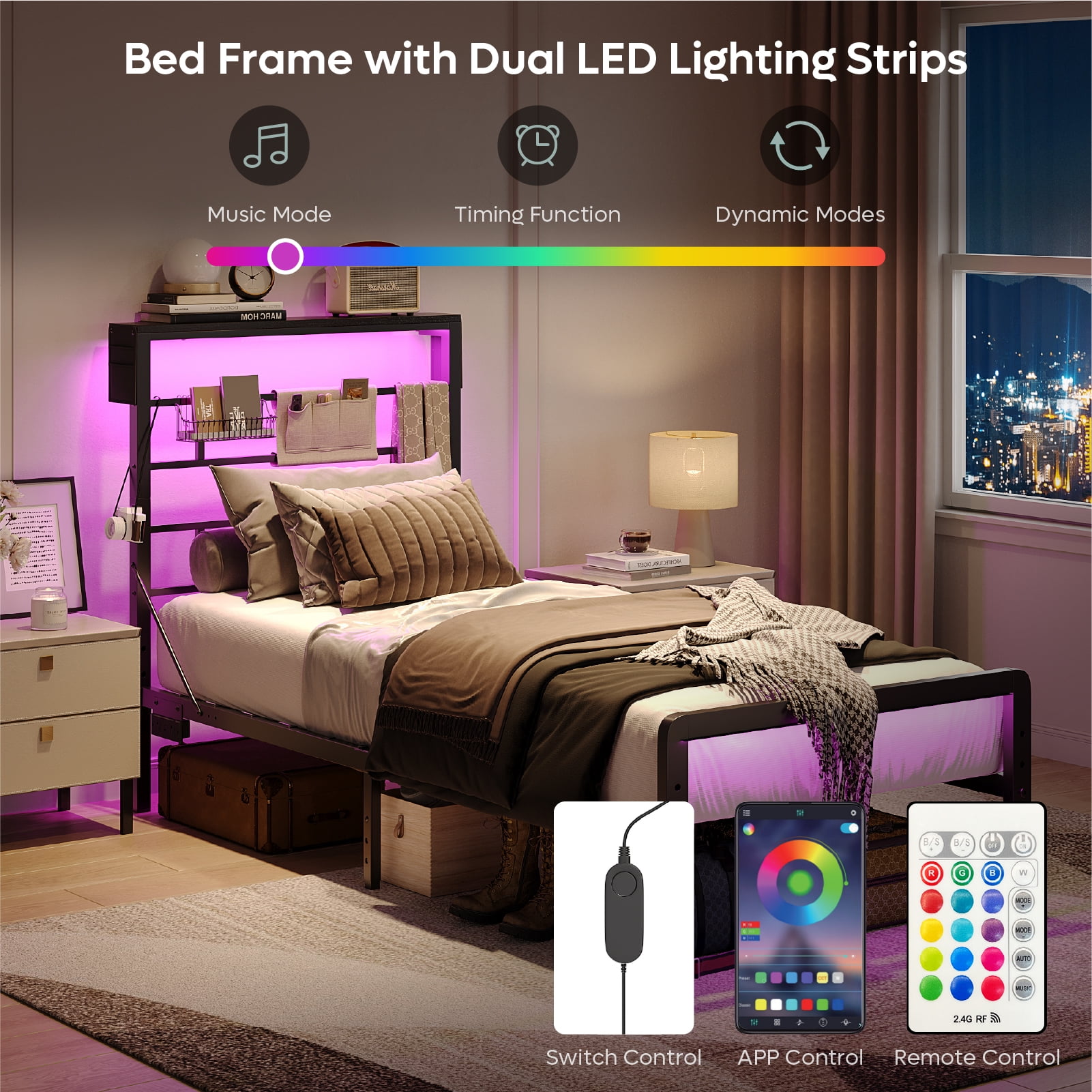 Bestier Twin Size LED Bedframe - Sturdy Metal Platform Bed with Headboard, Reversible Charging Station and 3 Adjustable Heights, Black