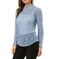 thumbnail image 5 of MODA NOVA Junior's Long Sleeve Lace See Through Floral Color Block Blouse Grey Blue M, 5 of 6