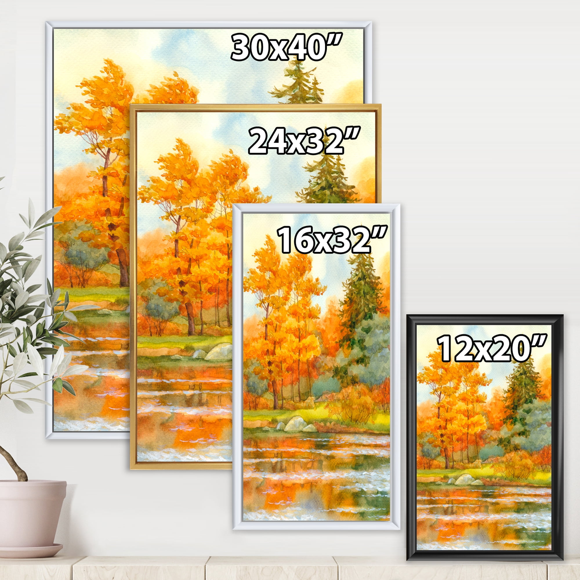 Autumn Forest By The Lake Side IV 16 in x 32 in Framed Painting Canvas Art Print, by Designart