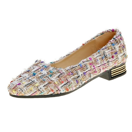hopeusnice Clearance Women s Tweed Low Heel Flats Slip On Shoes Comfortable Breathable Round Toe Flatform Party Wedding Shoes White 39