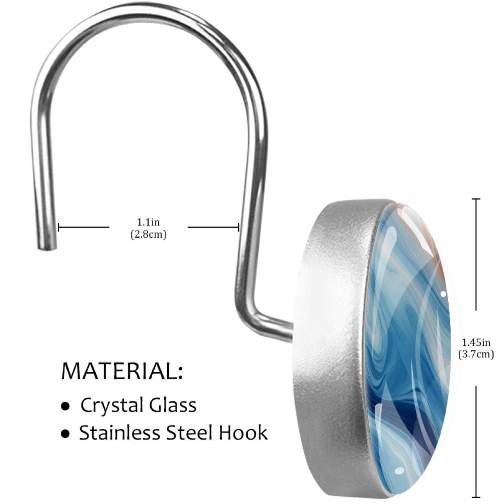 Blue Marble 12 Pack Shower Curtain Hooks, Decorative Shower Rings for Shower Curtain Rods, Stainless Steel, Rust Resistant, Round Curtain Hooks for Bathroom