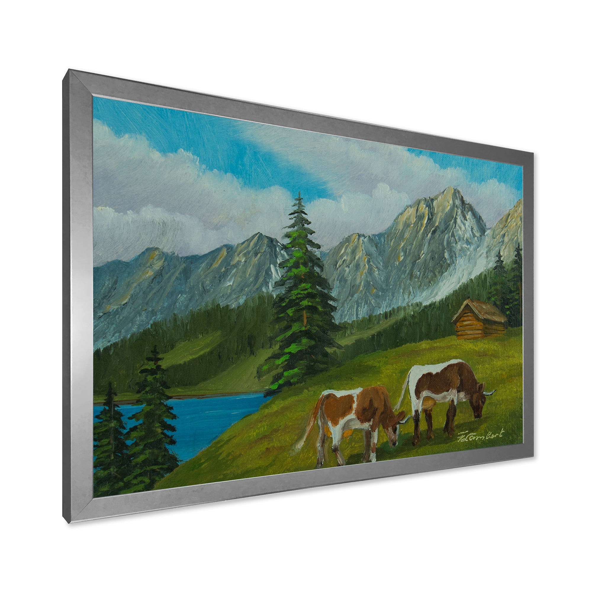 Designart 'Cows On A Green Meadow With Mountain Landscape With ' Farmhouse Framed Art Print