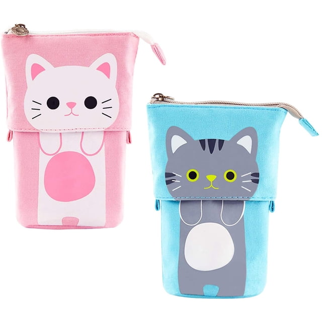 Soporte de transformador de 2 piezas, soporte para lápices, bolsa de lápices de lona con dibujos de gatos bonitos, bolsa de lápices telescópica, caja de lápices de papelería, caja de soporte