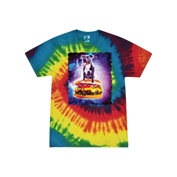 Wild Bobby, Space Pitbull Riding a Hamburger, Animal Lover, Tie-Dye Tees, Reactive Rainbow, Large