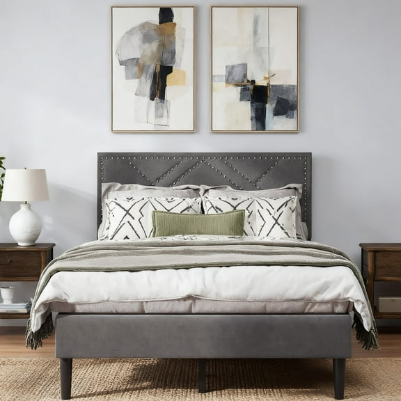 AENKYO Full Size Upholstered Platform Bed Frame with Linen Headboard, Sturdy Support, No Box Spring Needed, Gray
