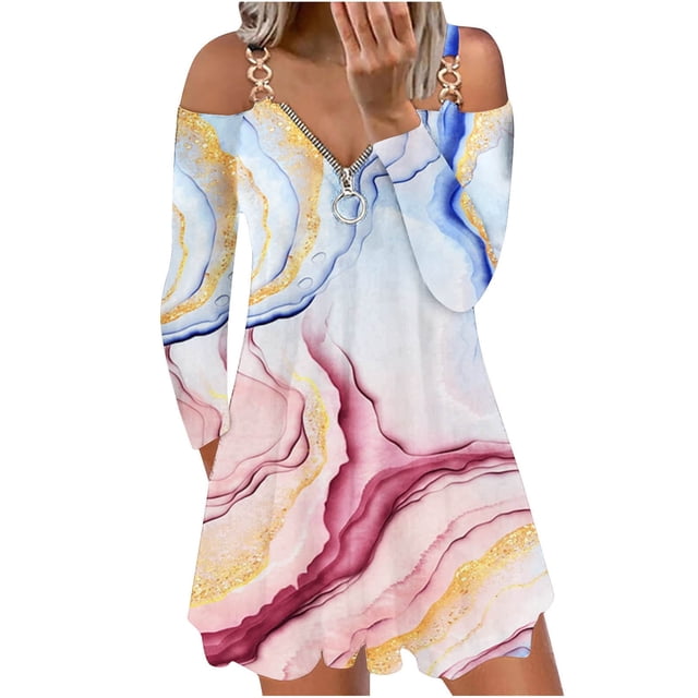 Vestido de manga larga con estampado de tirantes con cremallera y cuello en V para mujer Pompotops hdfakjf7046