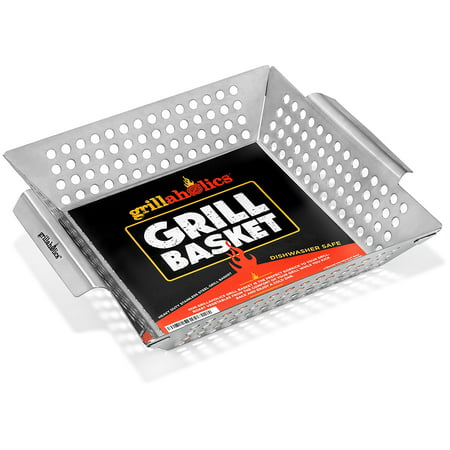 Grillaholics Grill Basket, Best in Barbecue Grilling Accessories, Grill BBQ Veggies on Gas or Charcoal Grills with this Stainless Steel Vegetable Grill