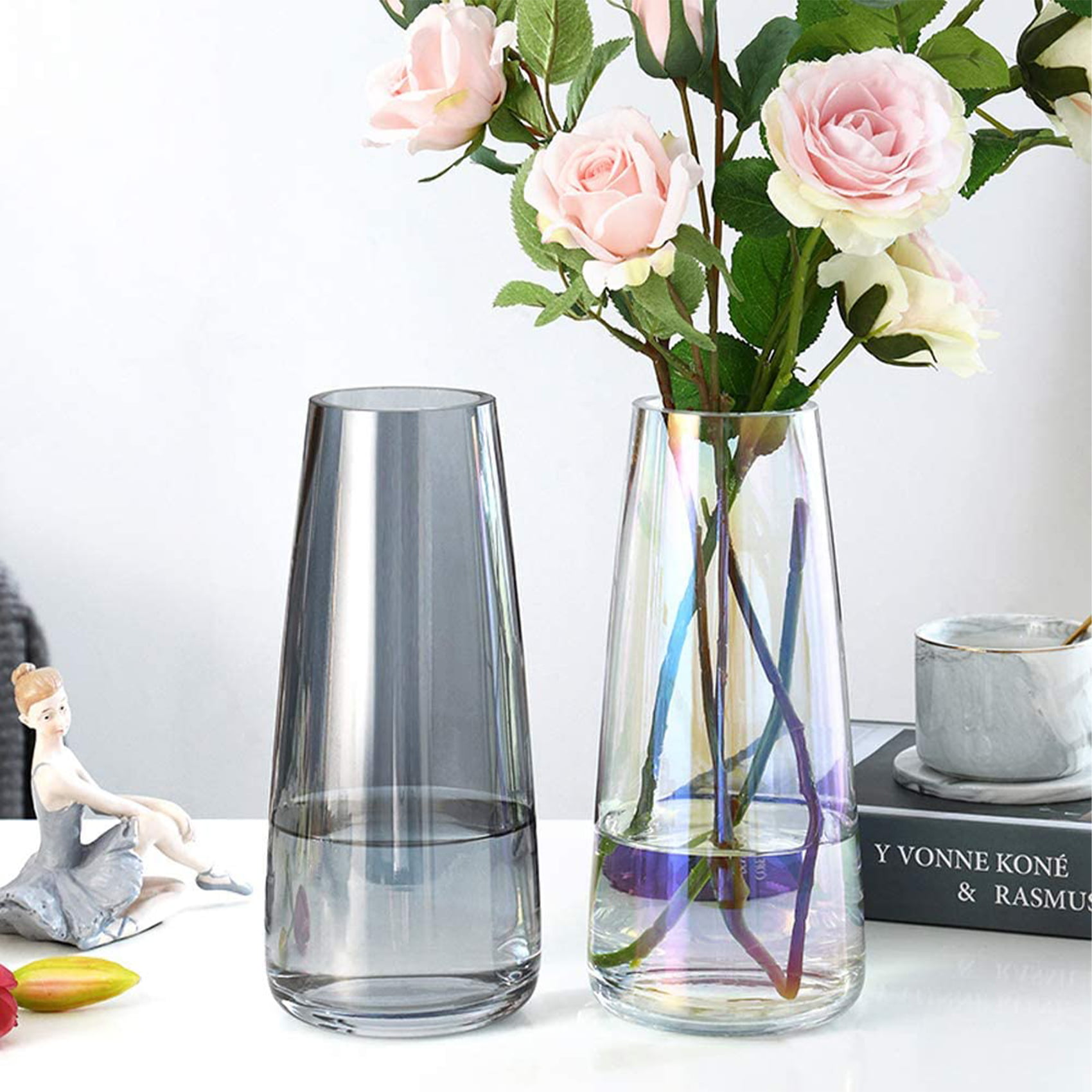 Aoderun Flower Glass Vase for Decor Home Handmade Modern Large Flower Vases  for Centerpieces Living Room Kitchen Office Wedding 8.7 Inch (Iridescent