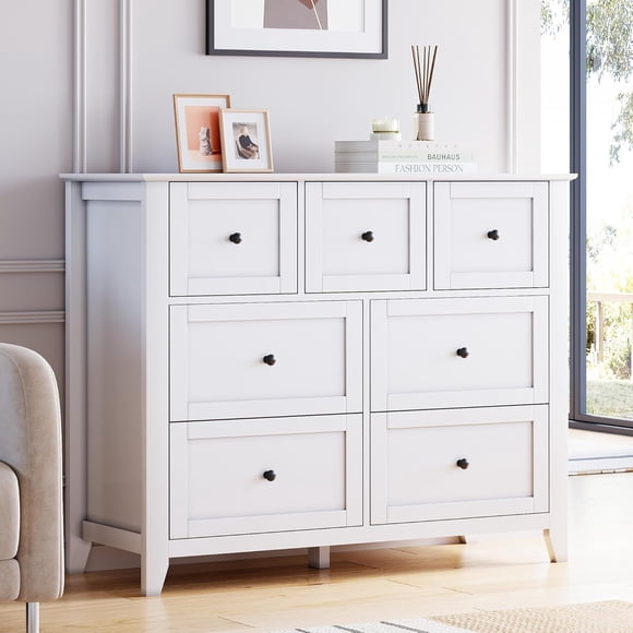 Modern 7-Drawer Dresser with Nickel Round Handles, Stylish Wood Organizer with Deep Drawers for Ample Storage Space, in Living Room, Bedroom, Entryway, Hallway, White