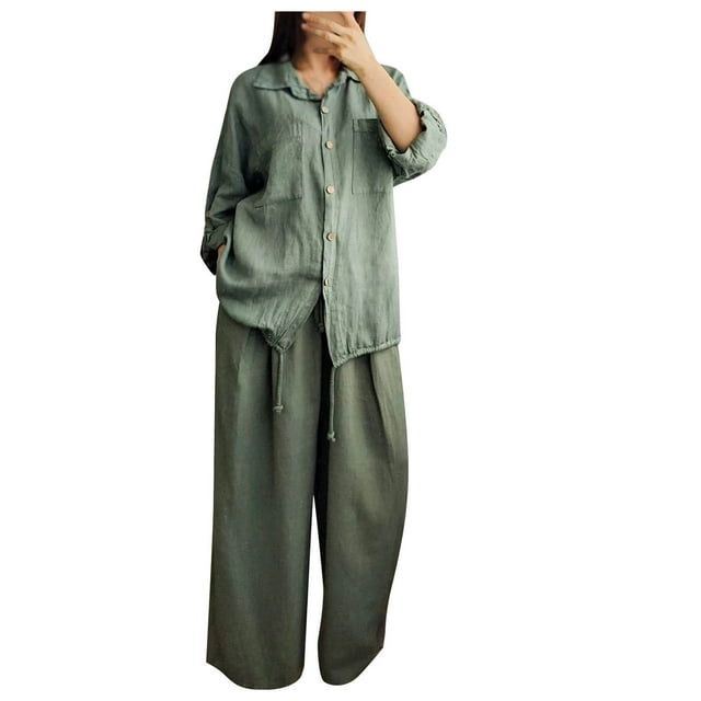 Timegard Wide Leg Sets for Women 2 Piece Plus Size Fall Long Sleeve Shirts Pants Casual Solid Color Outfits