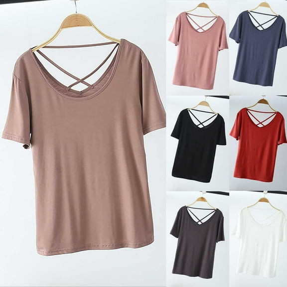 gbyLJF Women's Criss Cross Back Shirts Yoga Workout Short Sleeve T-Shirt Casual Loose Fit Gym Top