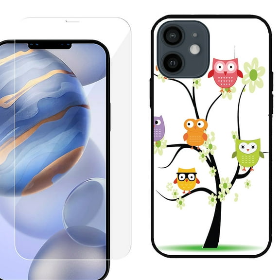 Slim-Fit Protective Phone Case (Black) compatible with iPhone 12 / iPhone 12 Pro, with Tempered Glass Screen Protector, by OneToughShield ® - Tree Owl