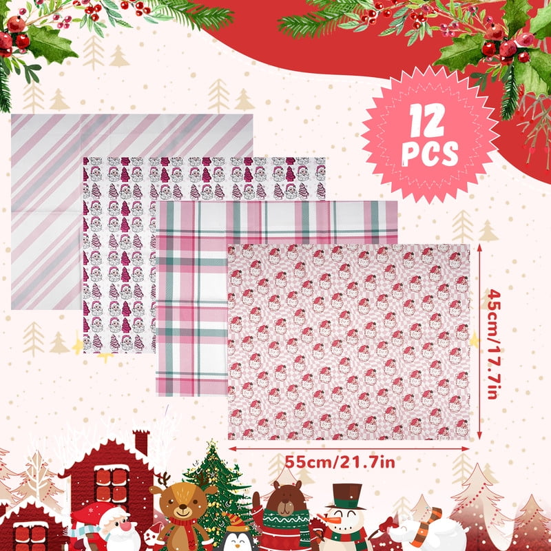 12pcs Christmas Pink Cotton Fabric Bundles 18x22 Inch Xmas Tree Santa Snowman Sewing Fabrics