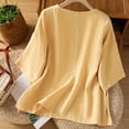 thumbnail image 4 of Htigea Cotton Linen 3/4 Sleeve Shirts for Women Casual Crewneck Basic Tees Loose Pullover Solid Tops Yellow,L, 4 of 5