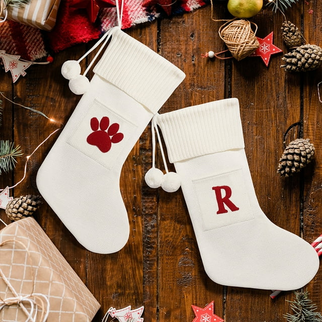 Bas Tricotés de Noël avec Initiale Alphabet Personnalisée Rouge Cadeau de Noël