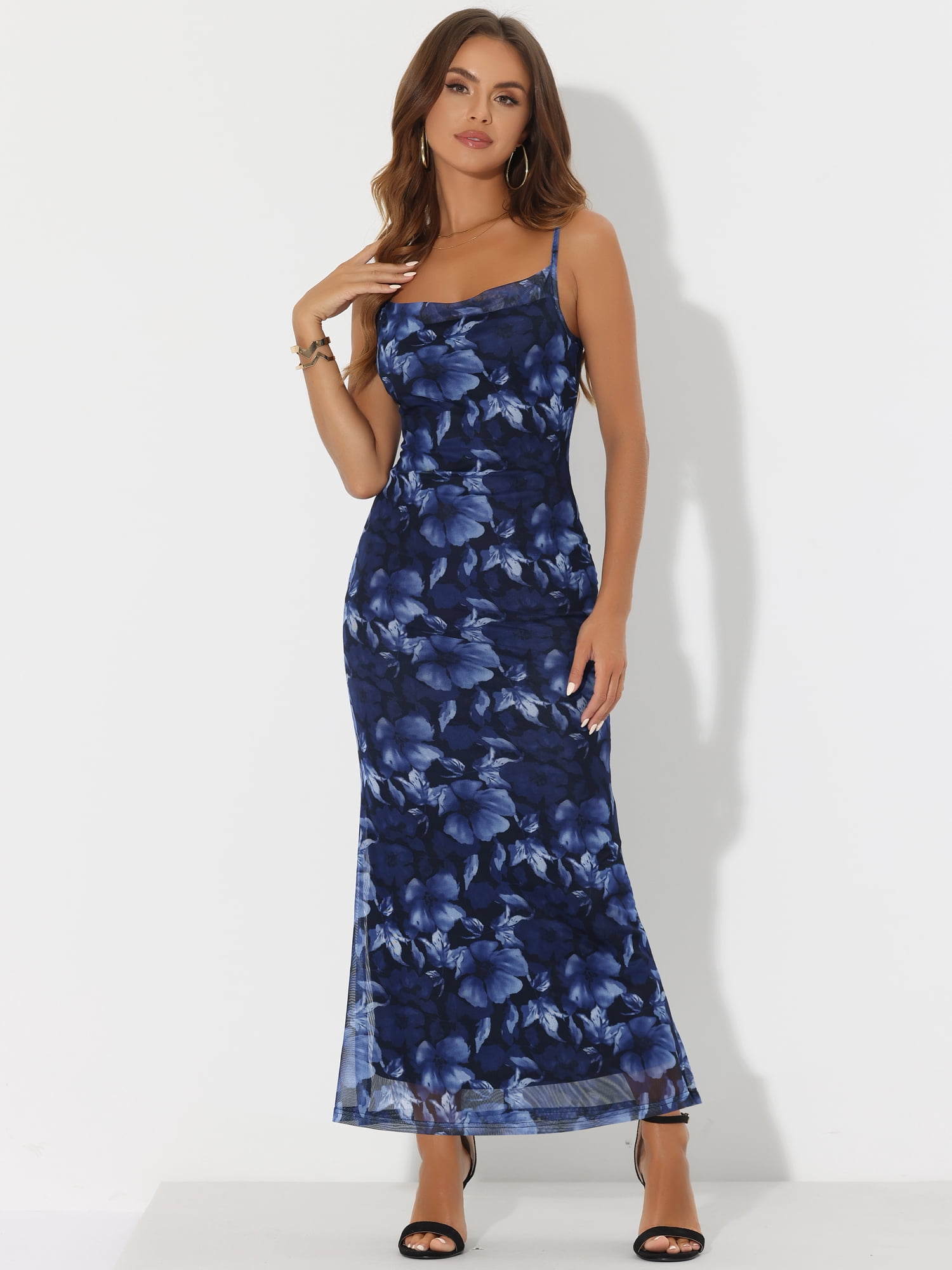 DARING DIVA Floral Maxi Spaghetti Strap Bodycon Dress S Black Blue