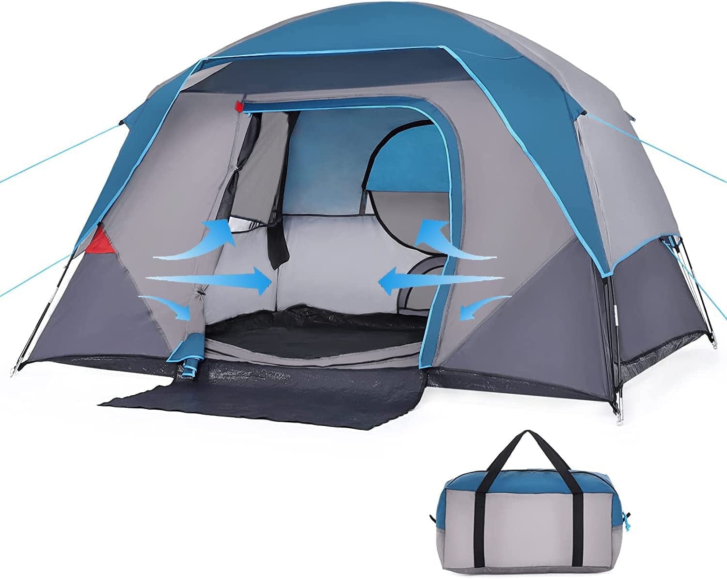 Sudzendf Blue 4-Person Weatherproof Family Dome Tent With Rainfly Large Mesh Windows Carry Bag Kikio203002