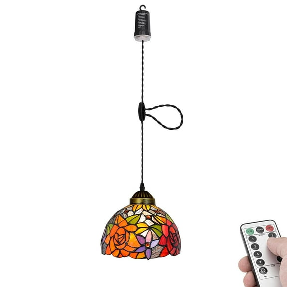 KAYYELAMP Battery Run Hook Tiffany Hanging Lamp Remote Dimmable Neutral Lighting Art Handmade Colorful Rose Pattern Glass 3.9ft Adjustable Cord for Kitchen Store 1Pcs