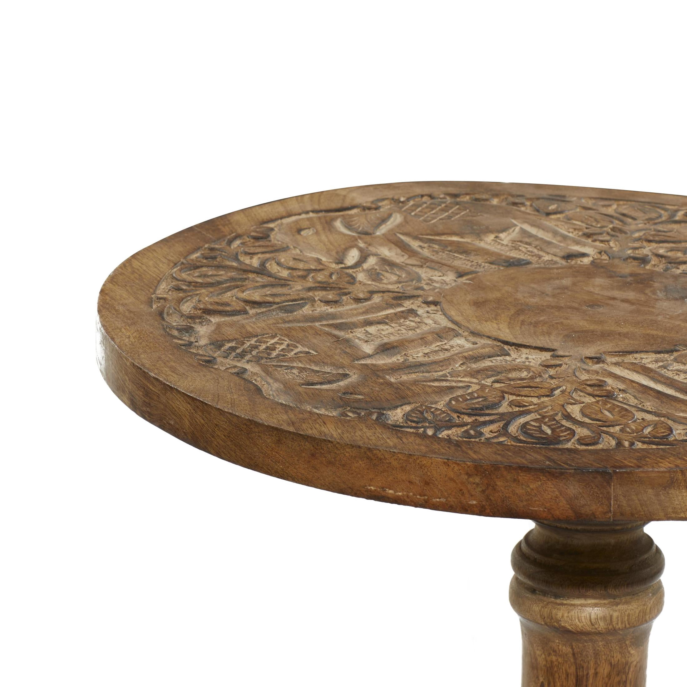 DecMode 17" x 21" Dark Brown Mango Wood Handmade Intricately Carved Elephant Accent Table with Turned Base, 1-Piece