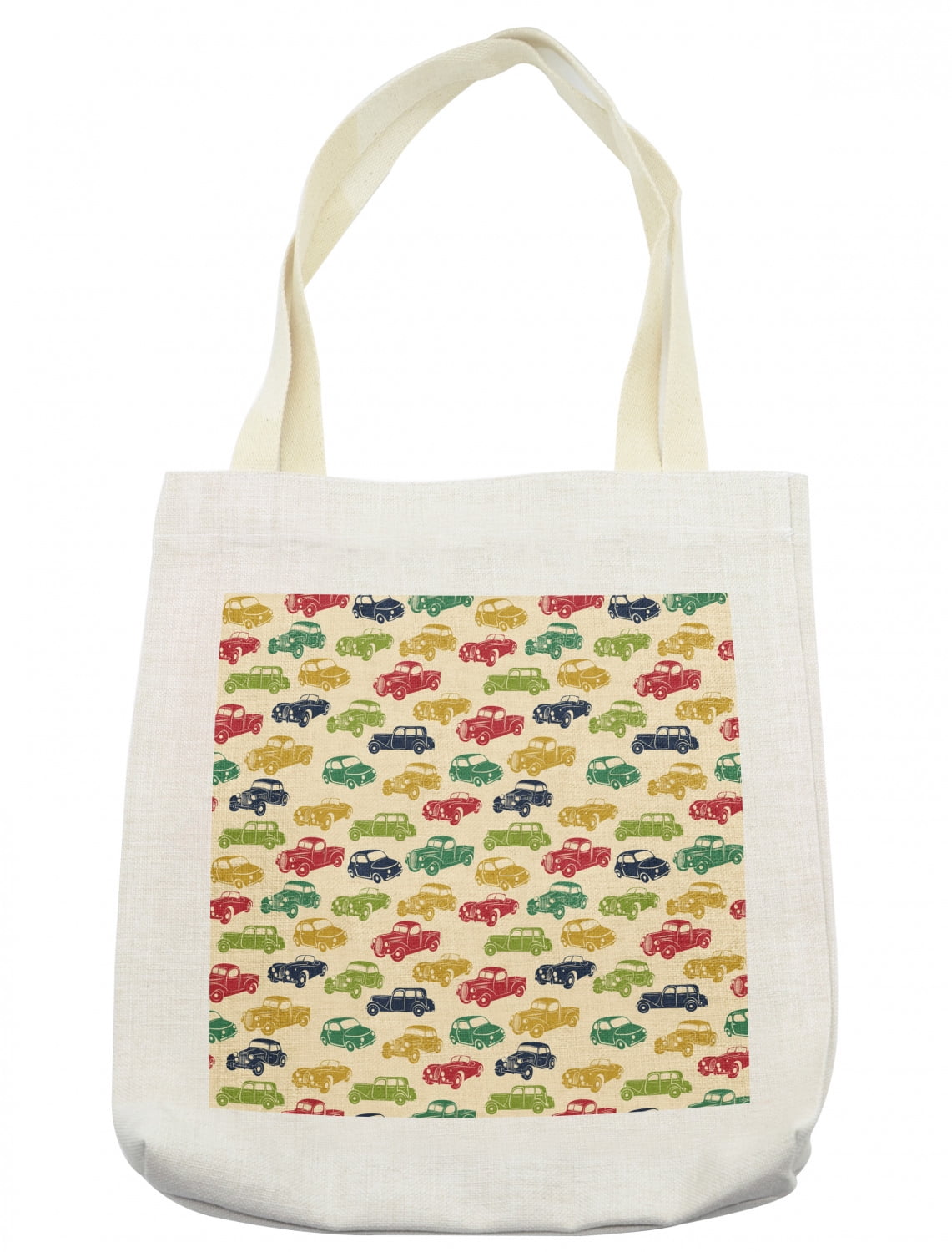 Cars Tote Bag, Various Vehicles with Curved Edges Vintage Car Designs from Fifties, Cloth Linen