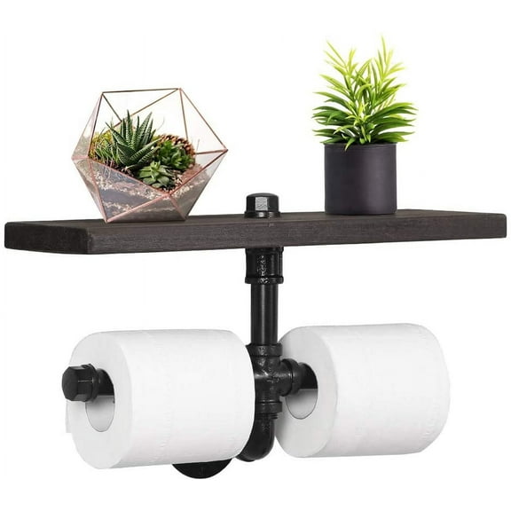 Wall Mounted Industrial Dual Toilet Paper Holder with Storage Shelf for Bathroom