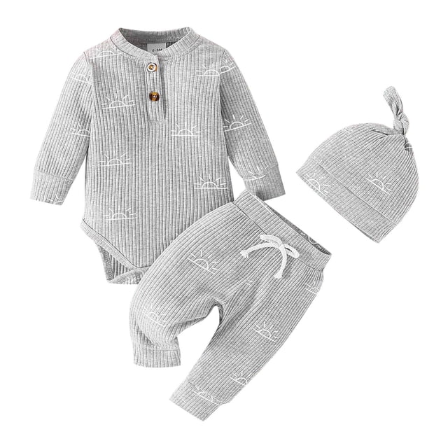 Gibobby Conjunto de pantalones largos para niños y niñas con estampado de animados para niños y niñas, conjunto con sombrero y pantalones de Color sólido(Gris,12-18 Meses)