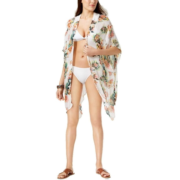 INC International Concepts Women's Tropical-Print Crochet Kimono & Cover-Ups, White, One Size