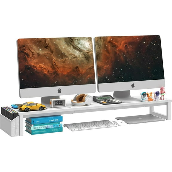 Dual Monitor Stand Riser,41.5'' Long Monitor Stand for 2 Monitors, Wood and Steel Computer Monitor Stand, Desktop Organizer with Pen Holder