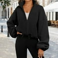 thumbnail image 2 of DHFJKG Women Hoodie Crop Coat Solid Color Zipper Stand Collar Elastic Waisted Oversized Long Sleeve Sweatshirt Cropped Jacket Soft Jackets, 2 of 6