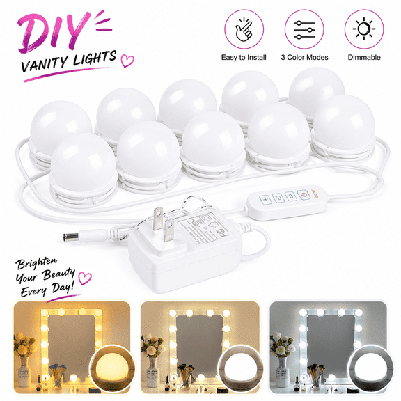 Hollywood Vanity Mirror Lights - 10 Dimmable LED Bulbs,3 Colors (White/Natural/Warm),5 Brightness Levels,USB Powered,Stick-On with 3M Tape for Makeup