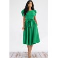 thumbnail image 5 of Kelly Green Large Plus Size Women's Puff Sleeve Crew Neckline Midi Length Cocktail Dress with side Pockets, 5 of 6