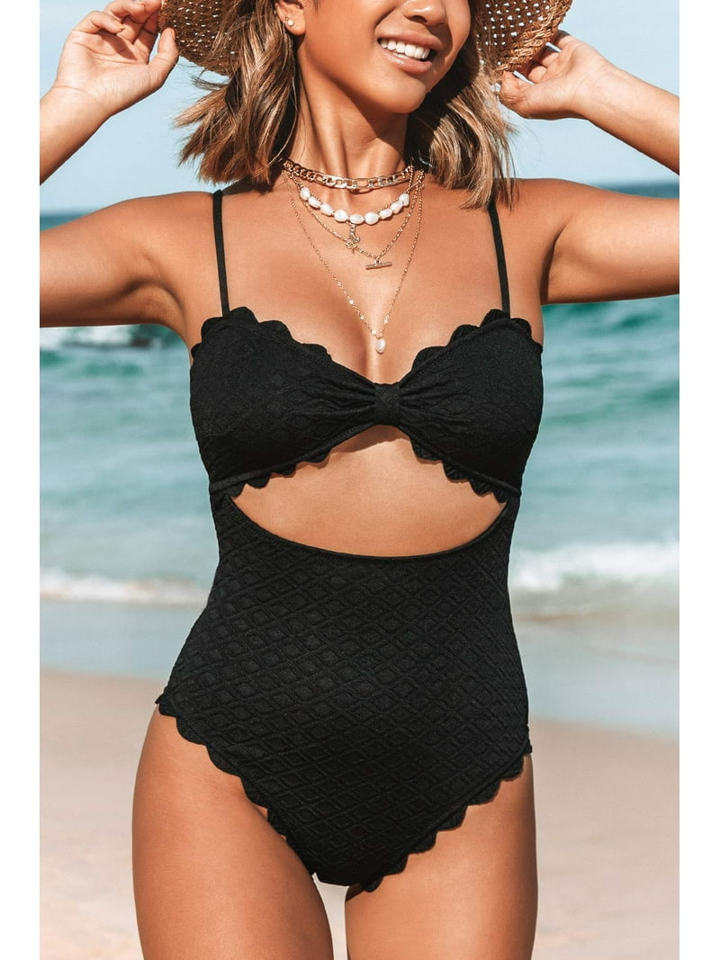 Cupshe Women's One Piece Swimsuit, Black Cutout Knotted Scallop