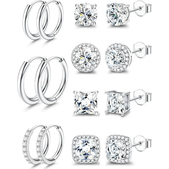 Surgical Steel Stud Earrings for Women Men, 18K White Gold Plated Hypoallergenic Cubic Zirconia Earrings Studs & Hoops Set, Big Brilliant Simulated Diamond CZ Halo Stud Earrings for Sensitive Ears