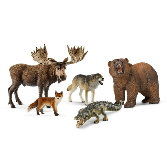 Schleich Wild Life 5 PC North American Animal Toy Bundle with Moose, Grizzly Bear, Alligator, Fox, and Wolf