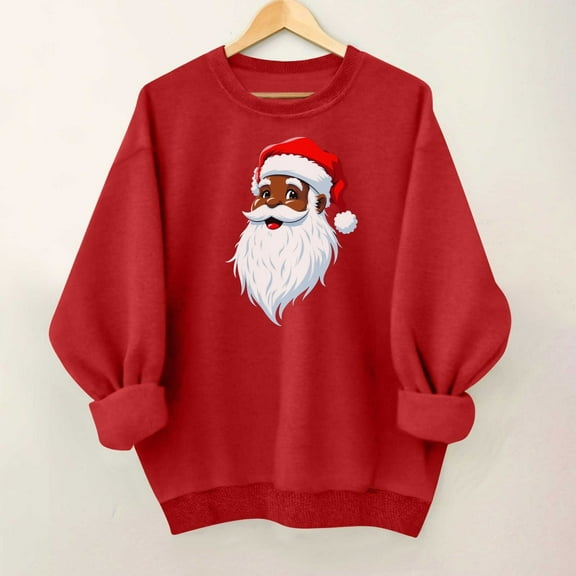 SYMOID Womens Christmas Black Santa Sweatshirt, 100% Cotton Red Crewneck, Relaxed Fit Long Sleeve Festive Graphic Sweatshirt, S-XXL,Size M