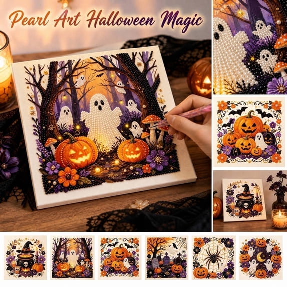 Pearl Art Kits for Adults, Craft Kit for Adults, Halloween Painting Crafts, Halloween Gifts for Adults, Full Canvas Beaded Pearl Painting Set Featuring Ghost, Web and Classic