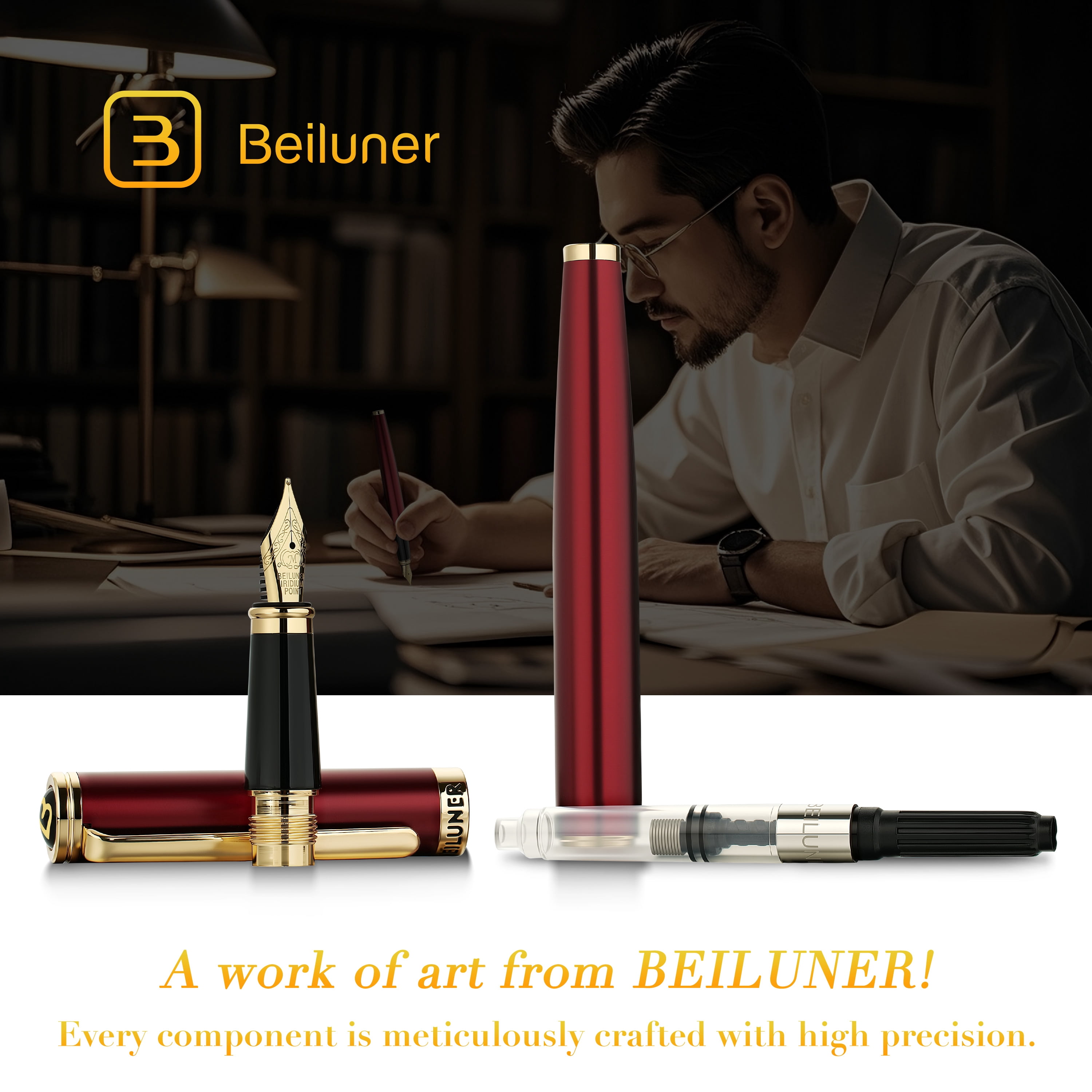 BEILUNER Red Fountain Pen,Stunning Luxury Pen,24K Gilded Nib(Medium),Gorgeous 24K Gold Finish,German Schneider Ink Converter,Trustworthy Pen Gift for Men&Women-Elegant,Executive,Nice Pen for Writing