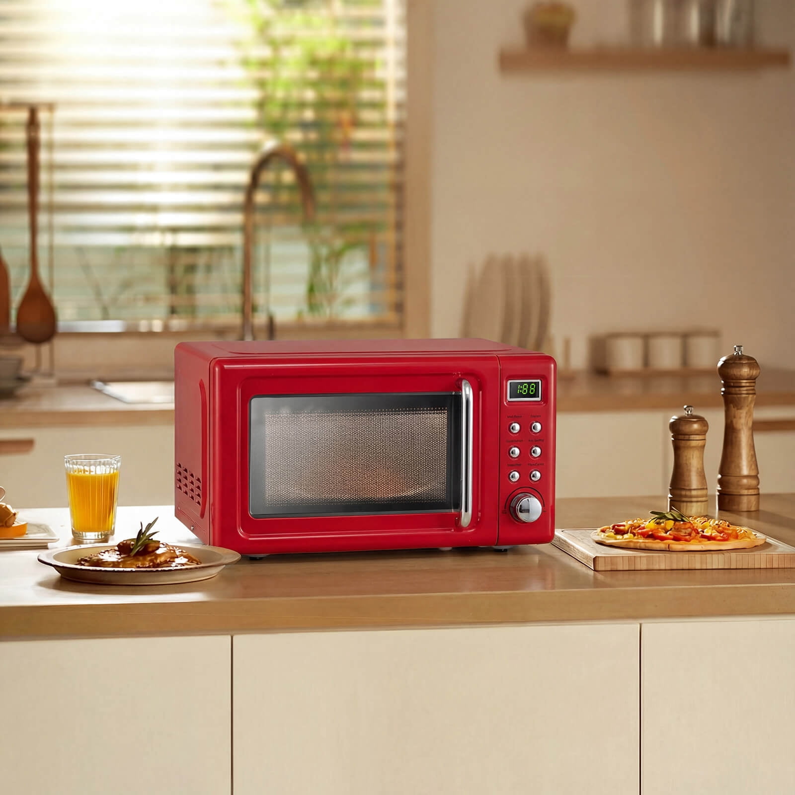 Costway 0.7 Cu.ft Retro Countertop Microwave Oven 700W LED Display Glass Turntable Red