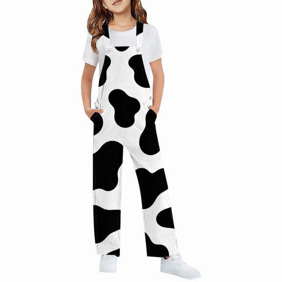 Kids Cow Spots Overall Trousers, Loose Straight Leg Bib Pants With Side Pockets, Skin Friendly Fabric for Holiday Parties and Home Loungewear Black 100